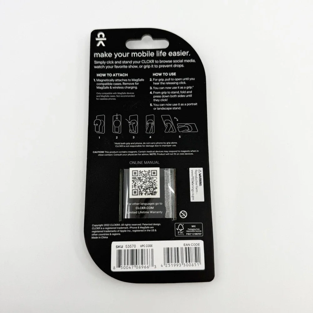 CLCKR Cell Phone Ring Holder Finger Stand, Phone Kickstand iPhone Compatible NEW